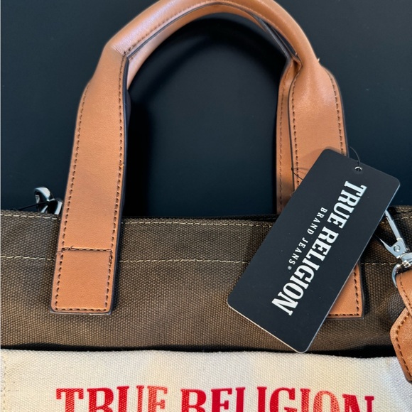 True Religion Brown Canvas Tote Bag - Olive Color with Beige Strap - NWT - Picture 6 of 8